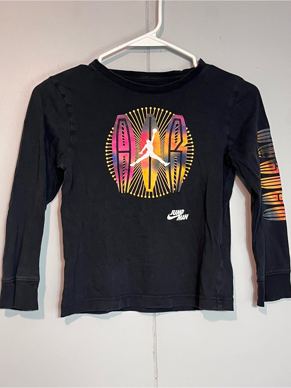 Jordan Boys Size 7 Long Sleeve Shirt Black Jumpman Graphic 100% Cotton